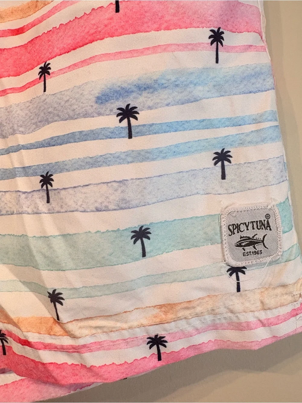 Men’s Pastel Stripe Palm-Print Swim Trunks - Multicolor